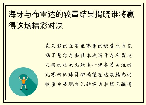 海牙与布雷达的较量结果揭晓谁将赢得这场精彩对决
